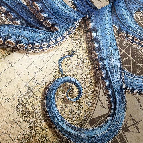 Image of Vintage Nautical Octopus Shower Curtain, Navy Blue Funny Ocean Shower Curtains for Bathroom, Sailing Boat Anchor Coastal Map Bath Curtain Waterproof Fabric with 12 Hooks 72x84 Inch