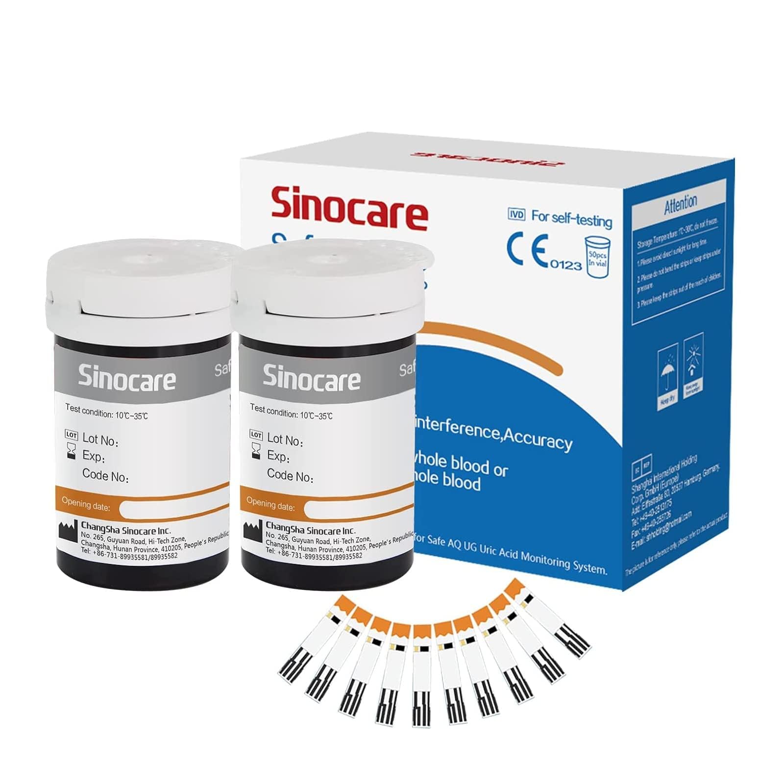 Sinocare Tiras Prueba para Ácido Úrico, 50 x Tiras Reactivas, Solo para Safe AQ UG Monitor Glucosa Sangre y Ácido Úrico Certificado ClimatePartner