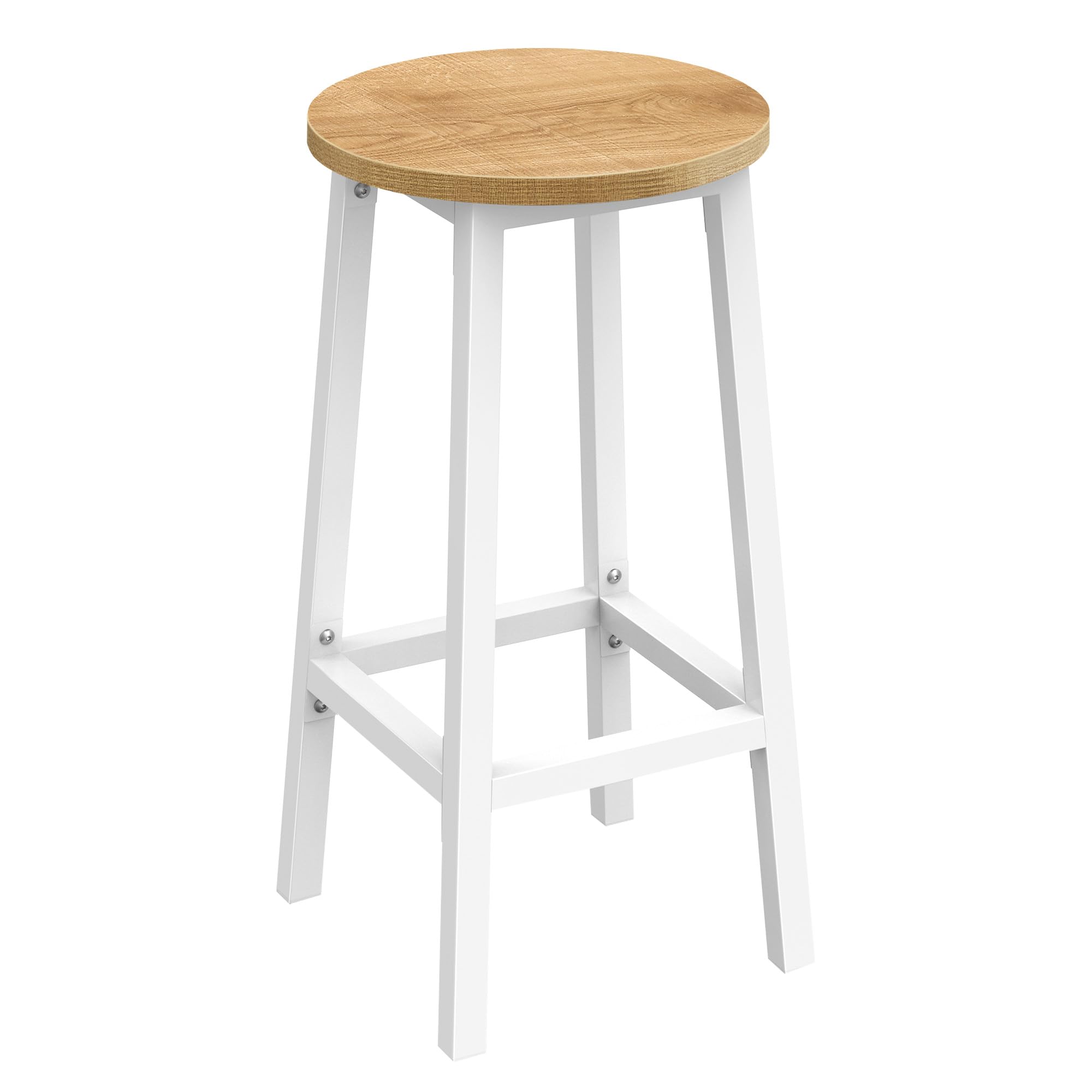Barhocker Rund 65 cm Metallgestell Eiche Natur Weiß | stabile Konstruktion, Fußstütze, weiße Sitzfläche, Wohnbereich, kompakt, pflegeleicht, vielseitig