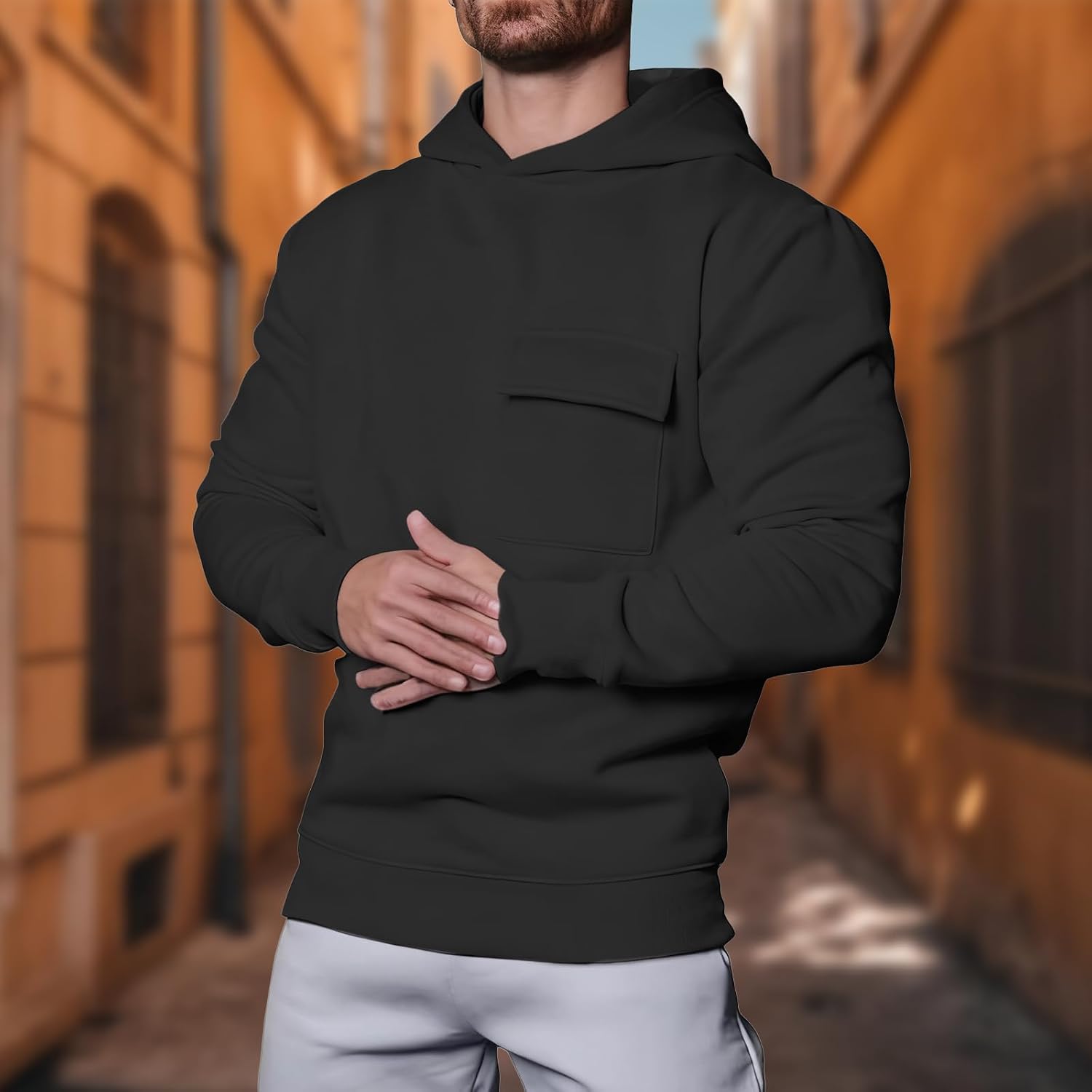domirica Mens Warm Thick Solid Color Hoodies Winter Long Sleeve Casual Pullover with Pocket Soft Wear Sweatshirt