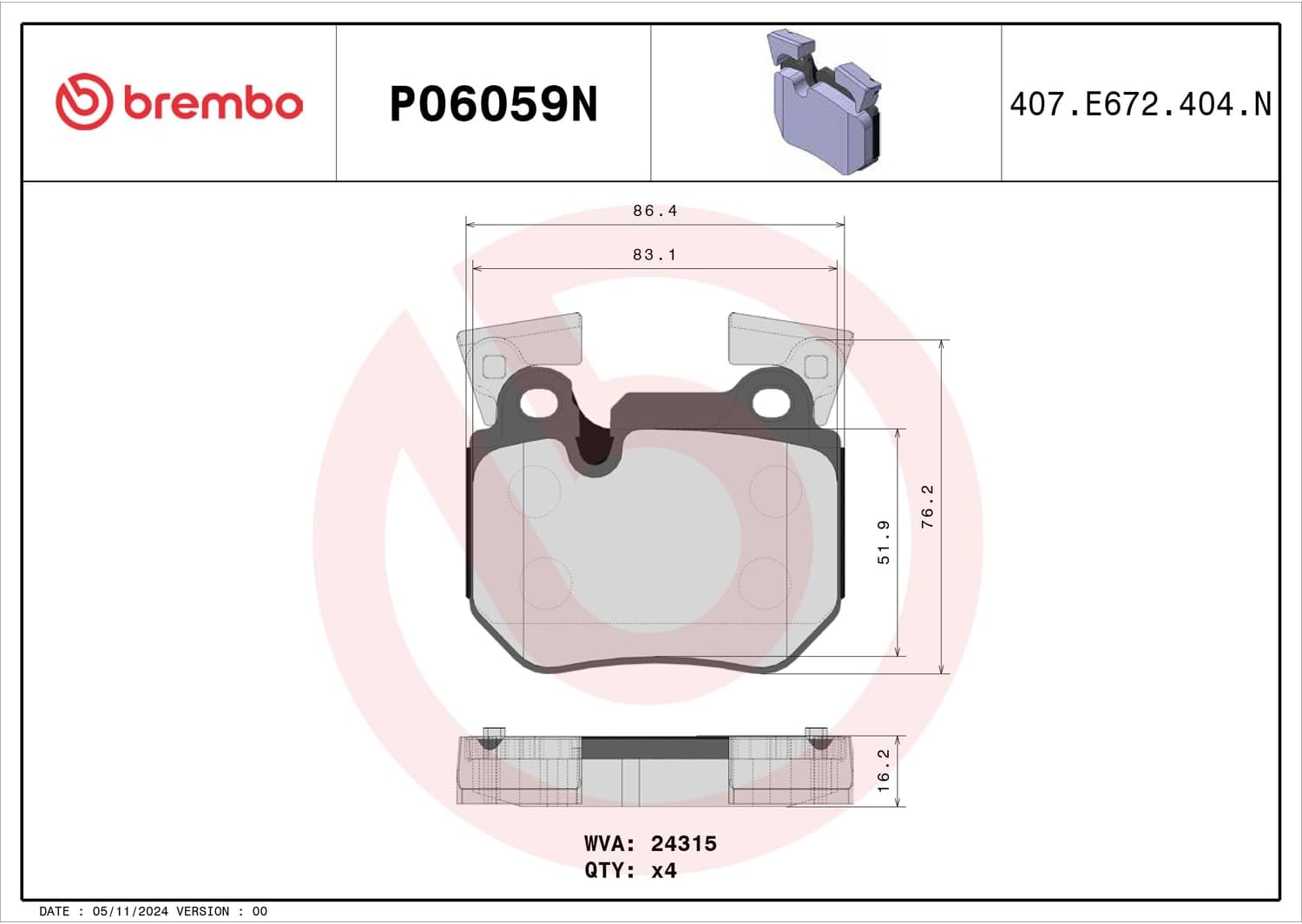Brembo P06059N Premium Ceramic Rear Disc Brake Pad Set BMW OE# 34216791421