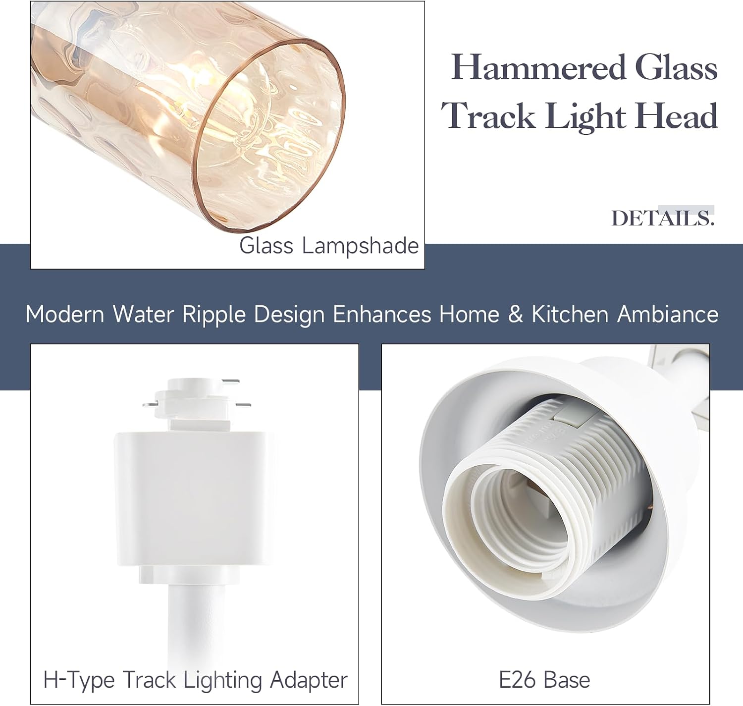 4 Pack H Track Lighting Heads, Modern Track Heads for Kitchen, E26 Track Light Fixtures with Amber Hammered/Water Ripples Glass Shade, Compatible with H-Track Rail (White, No Bulbs)