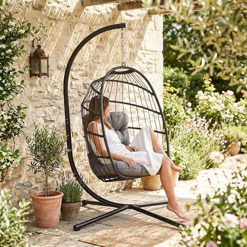 Hanging Egg Chair Black Rattan Swing Garden Hammock Folding Seat Furniture With 15cm Thick Cushion Steel Stand 150kg Weight Capacity Outdoor Indoor Patio Balcony UV Resistant FREE Waterproof Zip Cover 4 Hanging Egg Chair Black Rattan Swing Garden Hammock Folding Seat Furniture With 15cm Thick Cushion Steel Stand 150kg Weight Capacity Outdoor Indoor Patio Balcony UV Resistant FREE Waterproof Zip Cover - Image 4