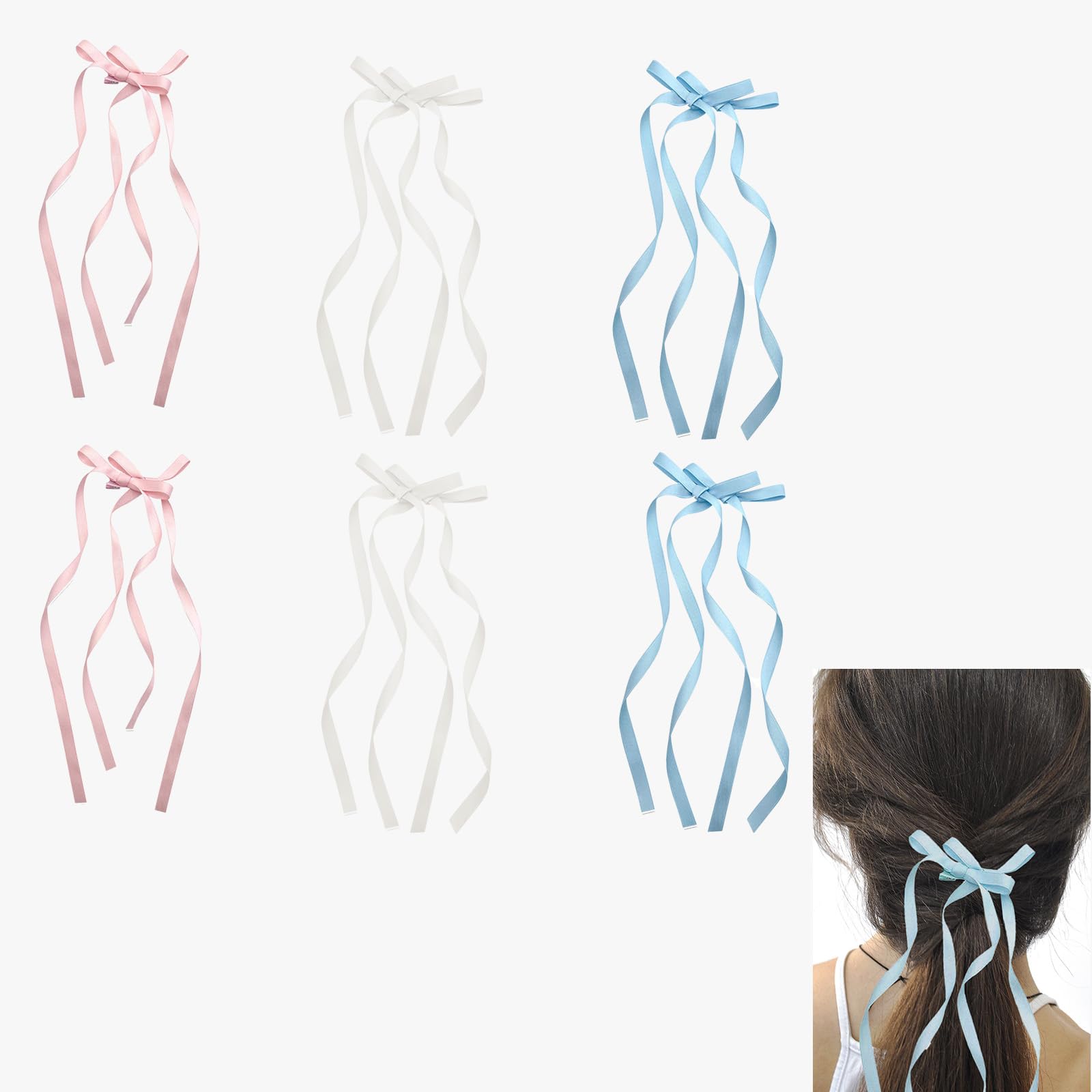 Ethlomoer 6pcs Bow Hair Clips with Long Tails, Satin Ribbon Hair Bows, Pink Hair Accessories ，Blue Hair Accessories and White Hair Accessories for Women ETH-