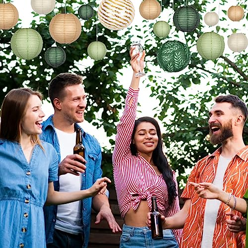 Image of 16-Pack Chinese Paper Lanterns, Sage Green Brown Party Decorations | 4 /6 /8 /10 /12-Inch Hanging Lanterns with Olive Leaf and Foil Stripes for Jungle Themes, Birthdays, Weddings and Baby Showers