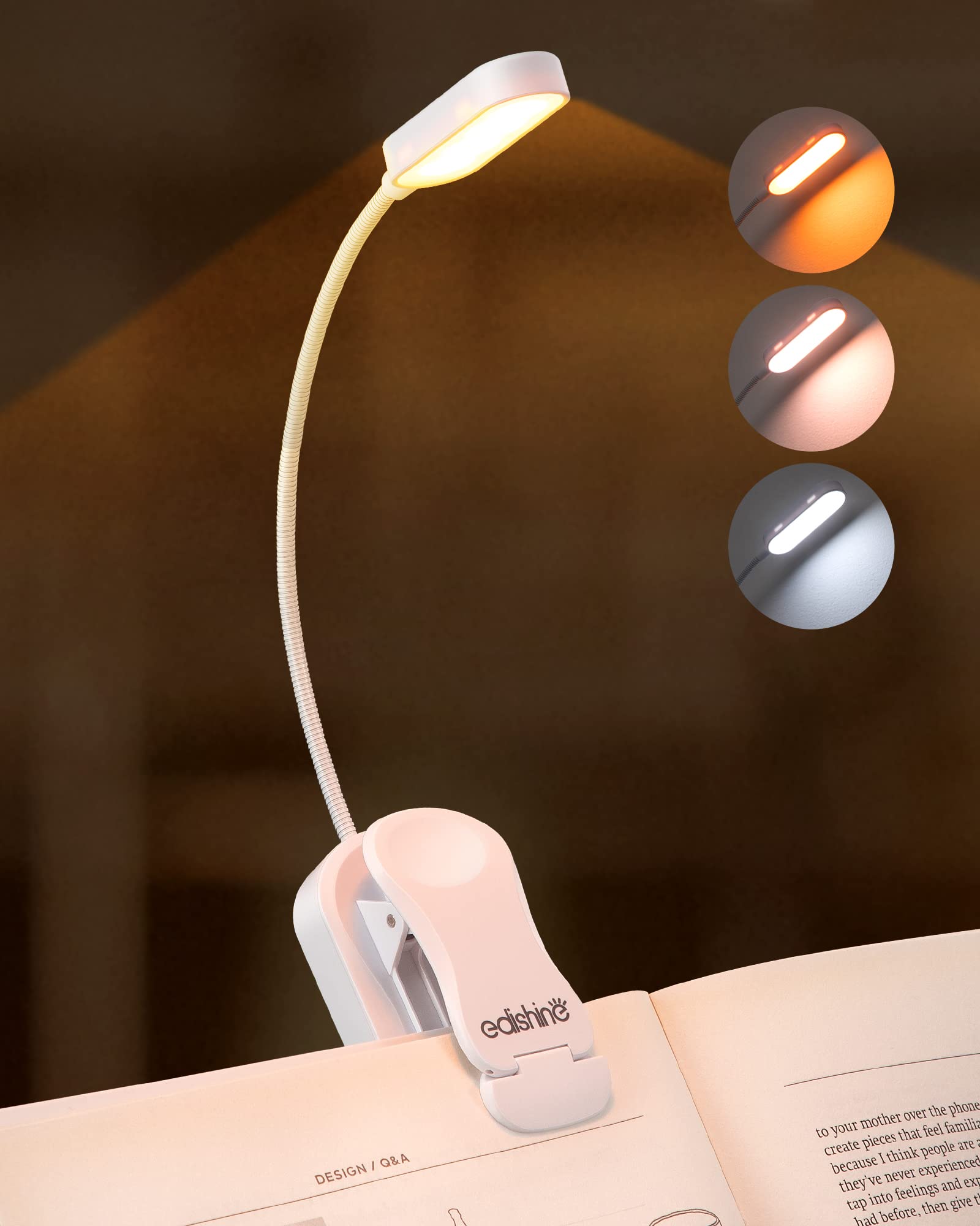 EDISHINE Reading Light, USB Rechargeable Clip On Book Light, 3 Color Modes &amp; Stepless Dimmable, 2 Charging Modes, Eye Care LED Lamp for Readers, Kids, Bookworms, Travel (White)