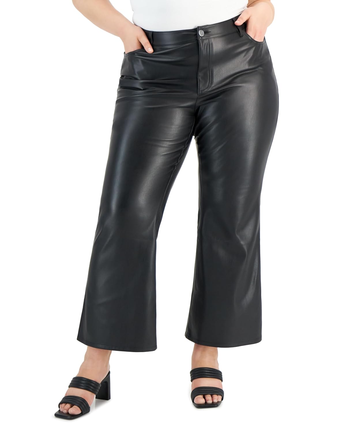 International Concepts Plus Size High-Rise Faux-Leather Flare Pants