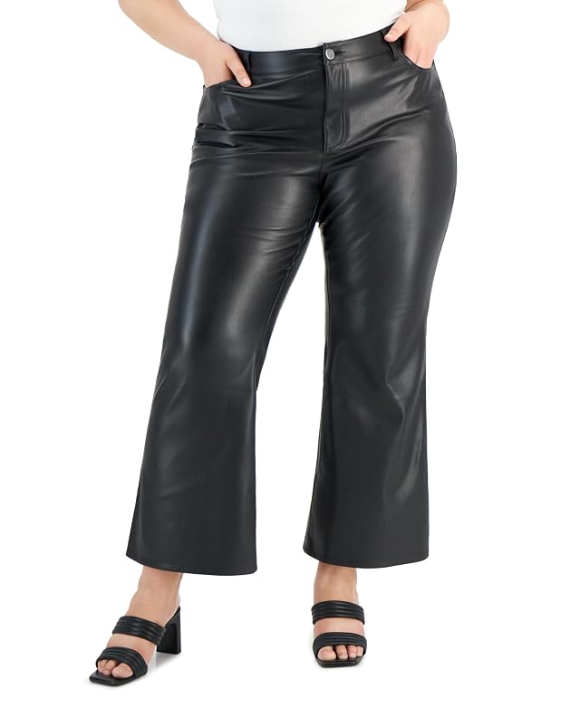 International Concepts Plus Size High-Rise Faux-Leather Flare Pants