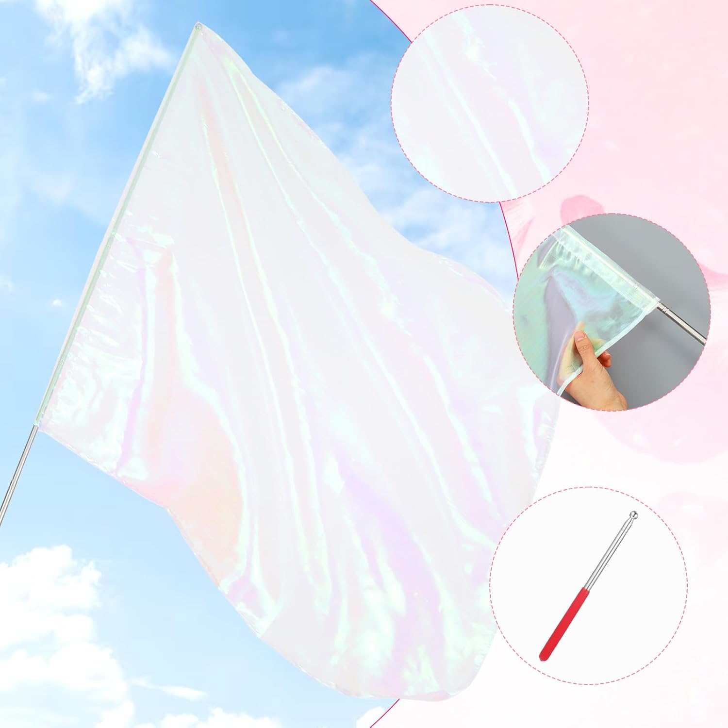 Piriuuo 2 Pcs Worship Flags for Dance, 27.5"x31.5" Praise Dance Flag with Scalable Rod Praise Flags for Worship Dancer Outdoor Practice Performance, Semicircle Angel Wing Design(White)