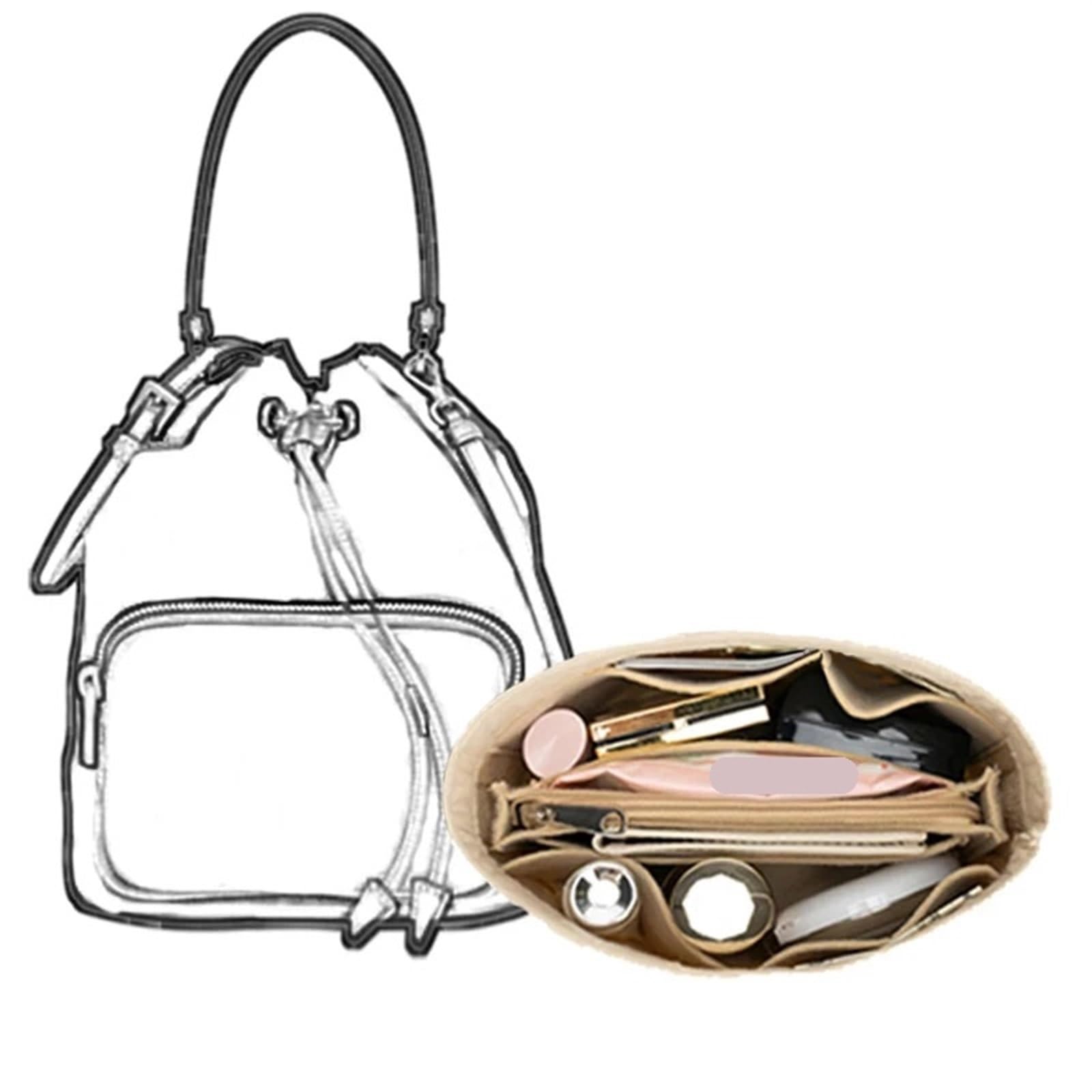 Organizador de bolsas fieltro, forro interior, bolsillo almacenamiento, accesorios, bolso cubo, con forma fija para Bolso con Cremallera(Black-B Style)