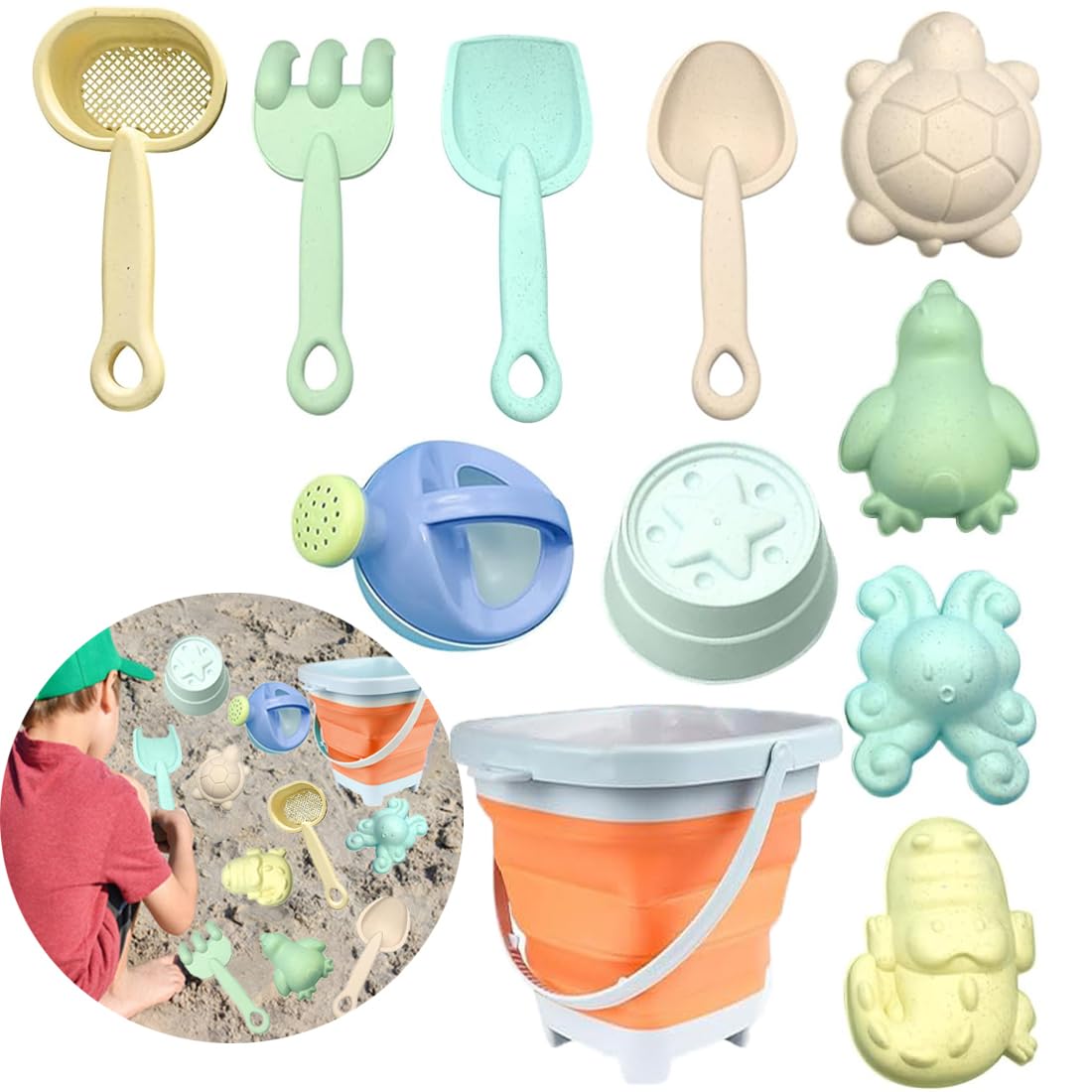 IUKUNNE 11pcs Juguetes Playa Niños,Conjunto Juguetes Playa,Juguetes Playa Cubo Playa Plegable,Conjunto Juguetes Arena,Juguetes Playa Silicona,Juguetes Arena,Juguete Exterior para Niños