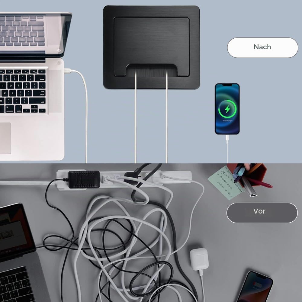Tabletop Brush Kabel Cubby Connectivity Box mit 1 AC Power + 1 USB Ladegerät + 4 Kabellöcher mit 5.58ft Netzkabel für Konferenz Büro (Z100-1EU-2C)