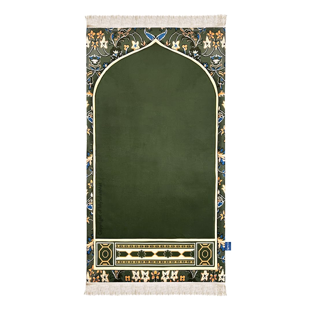 My Salah Mat Muslim Prayer Rug - Thick Large Adult Padded Sajadah for Men Women by Urban Rugs UK - Soft Islamic Mat Great for Knees Forehead Eid Ramadan Travel - Green (Madinah Design-1) โ image 1