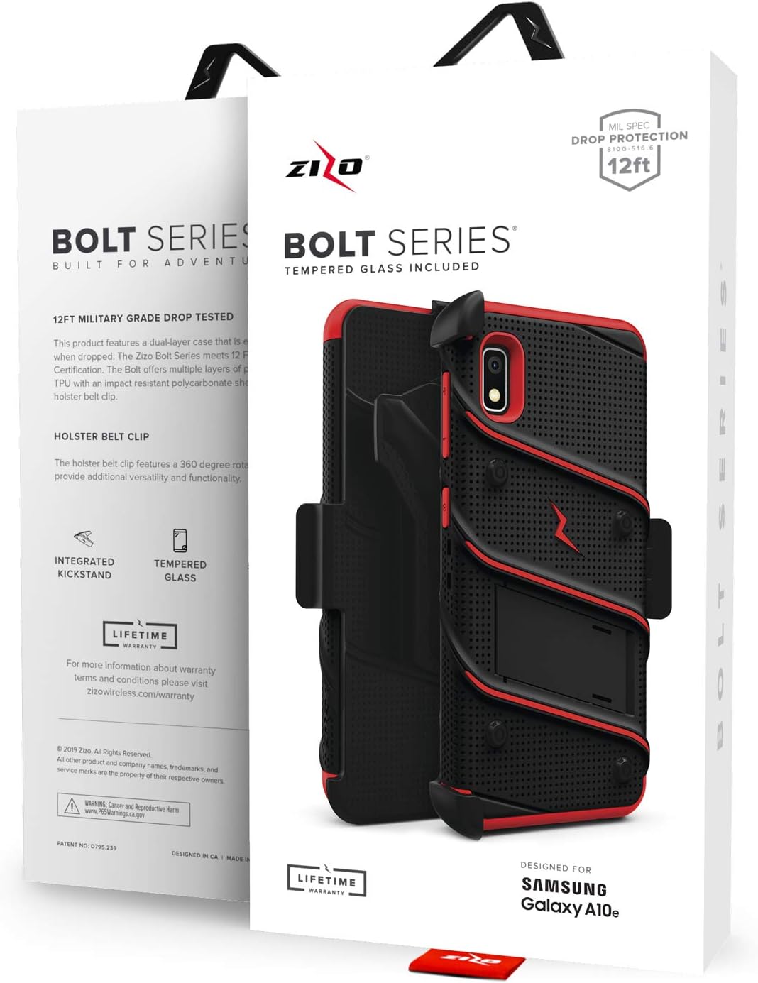 ZIZO Bolt Series for Samsung Galaxy A10e Case | Heavy-Duty Military-Grade Drop Protection w/ Kickstand Included Belt Clip Holster Tempered Glass Lanyard (Black/Red)
