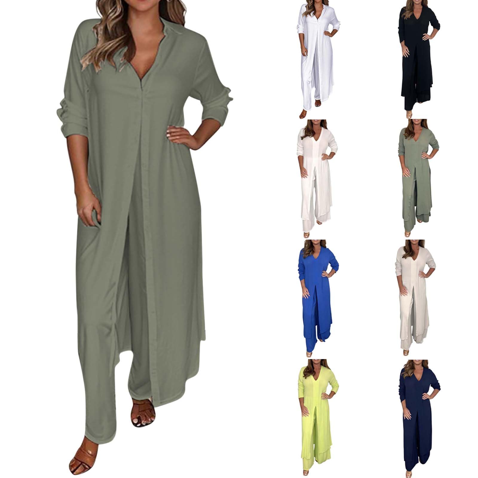 VEMOW Conjunto de Lino de Dos Piezas Trajes de 2 Piezas de Manga Larga Top y Pantalones de Algodón Lino de Moda Informal para Mujer Pantalones de Pierna Ancha Mujer Conjunto de Chándal a Juego