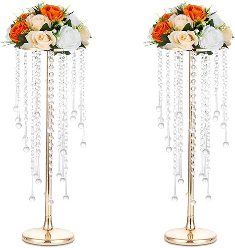 Miniatura 4 de Sziqiqi Centros de mesa de flores para mesas de boda de metal, jarrones altos con cuentas de cristal de araña para mesa principal, soporte de flores