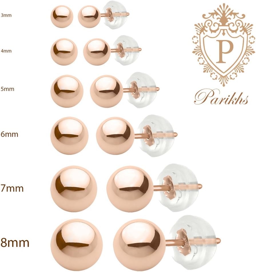 14K Ball Stud Earrings 4MM High Polished Finish for Women, Classic Minimal Jewelry with Silicone Protected Gold Push Backings, Trendy Ball Studs Earrings Set Women