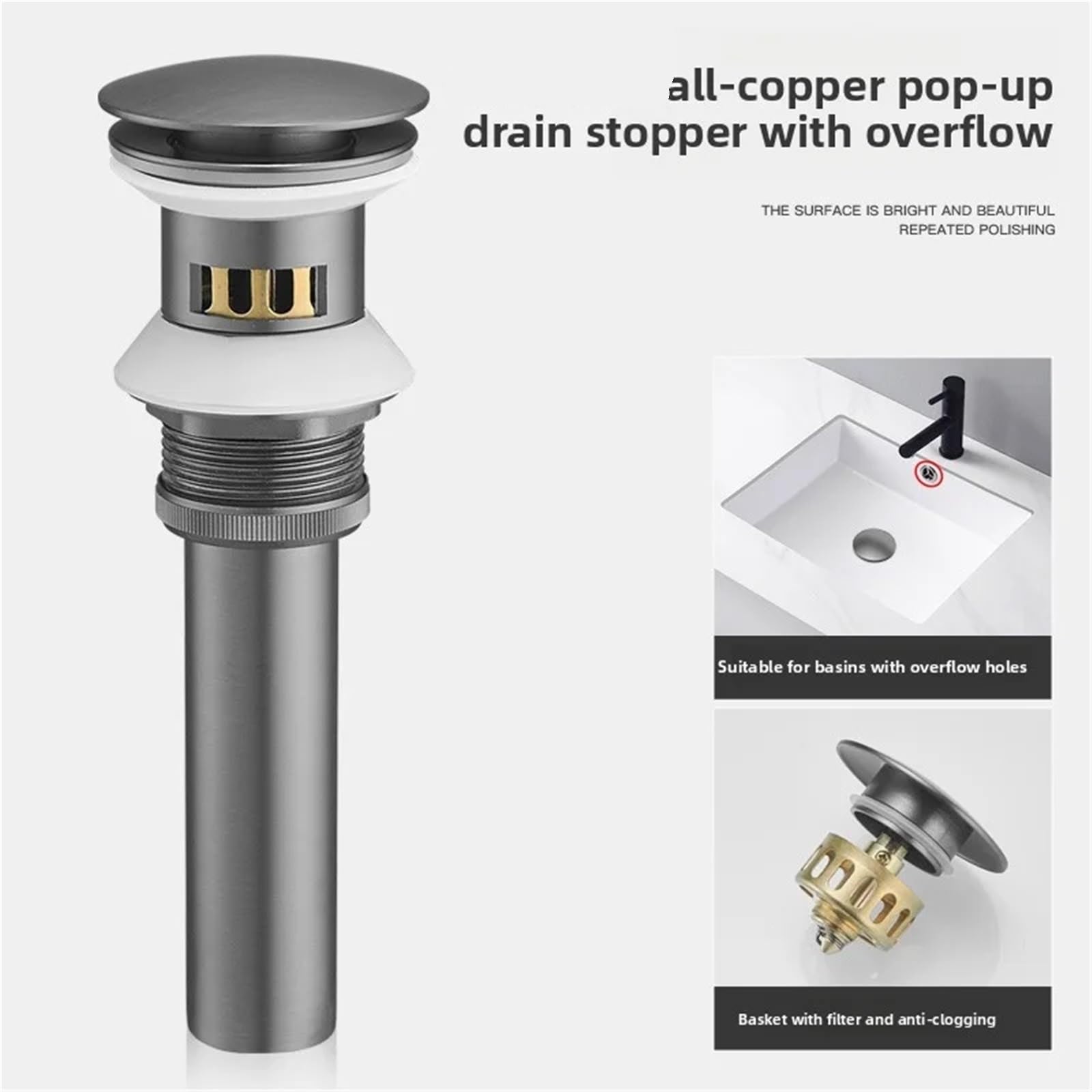 Desagüe automático para Lavabo Kit de reemplazo Drenaje emergente Gris, latón Macizo, Oro Cepillado, Conjunto desbordamiento abatible for Lavabo baño para el hogar