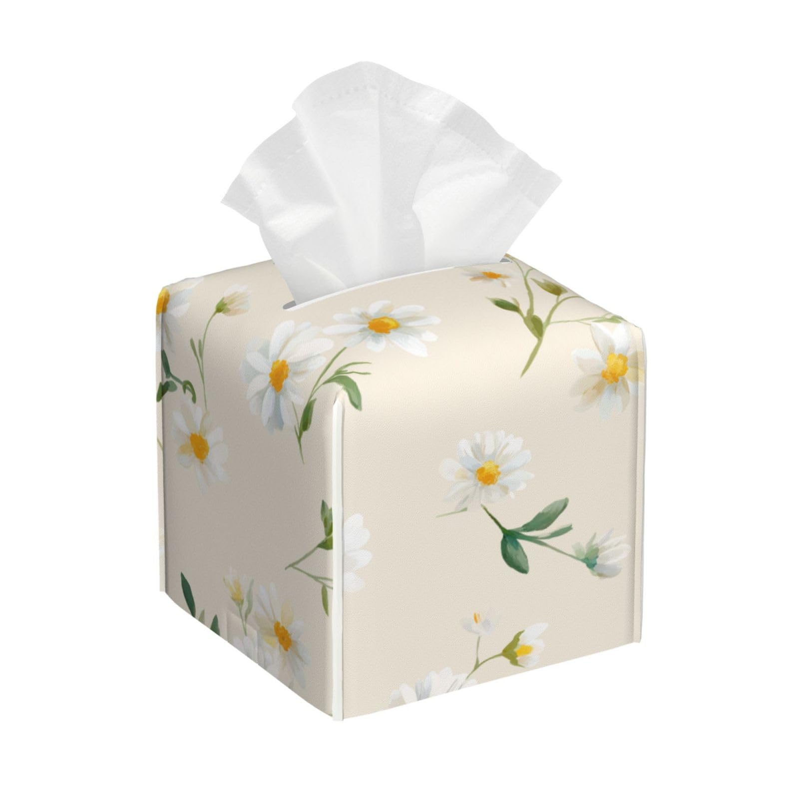 Tiny White Daisies with Soft Yellow Centers Tissue Box Cover Square Pu Leather Waterproof Tissue Box Holder for Car Bathroom Bedroom Office Tabletop Decor