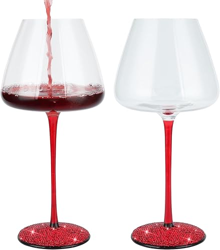 sugarchef Juego de 2 copas de vino tinto grandes modernas de 25 onzas sopladas a mano con tallo rojo base negra para boda, aniversario, día del