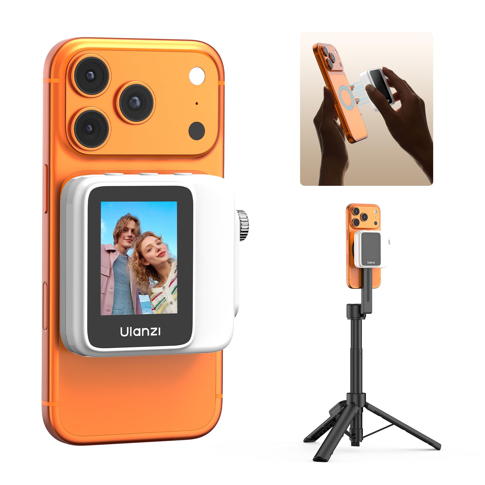ULANZI VM02 Écran de moniteur de selfie pour iPhone et Android, moniteur de caméra arrière magnétique sans fil avec bouton de mise au point à distance, batterie 1000 mAh pour Vlog/diffusion en direct