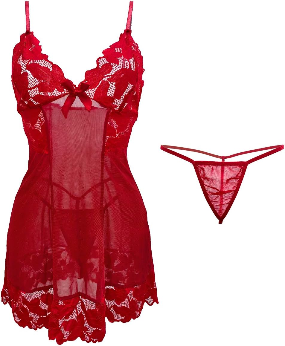 Women Sexy Nightgown Sleepwear Lace Chemise V-neck Modal Babydoll Nightwear Nightie with Thong Valentines Outfit - Image 6