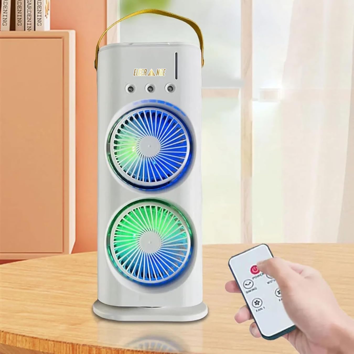 Portable Double Ended Spray Fan with Misting | USB Rechargeable Mini Air Cooler with LED Light | Touch & Remote Control | 3 Speed Cooling Fan with 280ml Water Tank (Multi color) (S11)-image-45