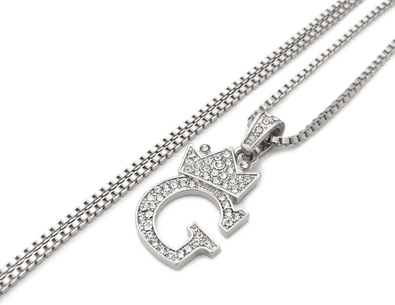 Fashion 21 Unisex Small Size Pave Initial Alphabet Letter Pendant 24" Box Chain Necklace & Earring Set (G Set/Silver)