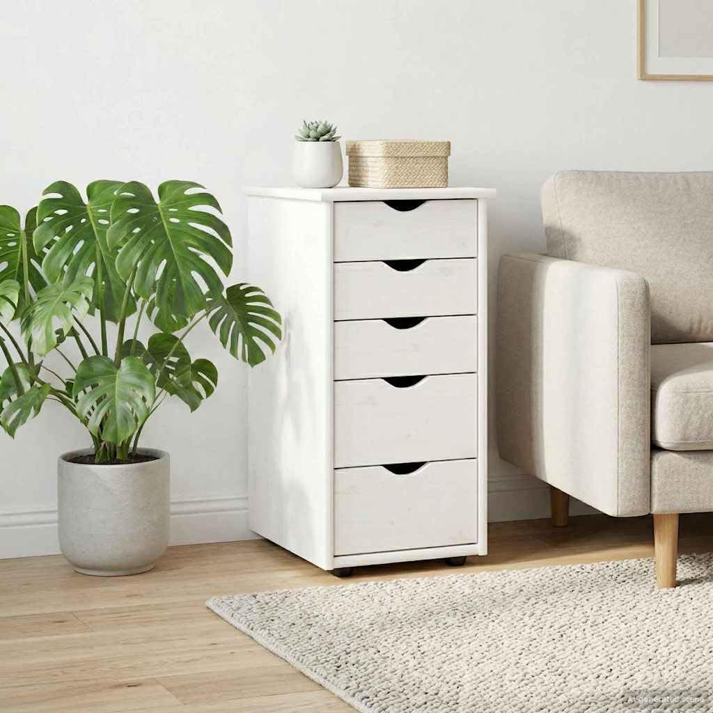Schrank Weiß aus Massivholz Kiefer 34 x 39 x 61,5 cm mit 5 Schubladen, Aufbewahrungsschrank für Wohnzimmer Schlafzimmer und Büro, Flexibler Mehrzweckschrank mit Stauraum und Rollen