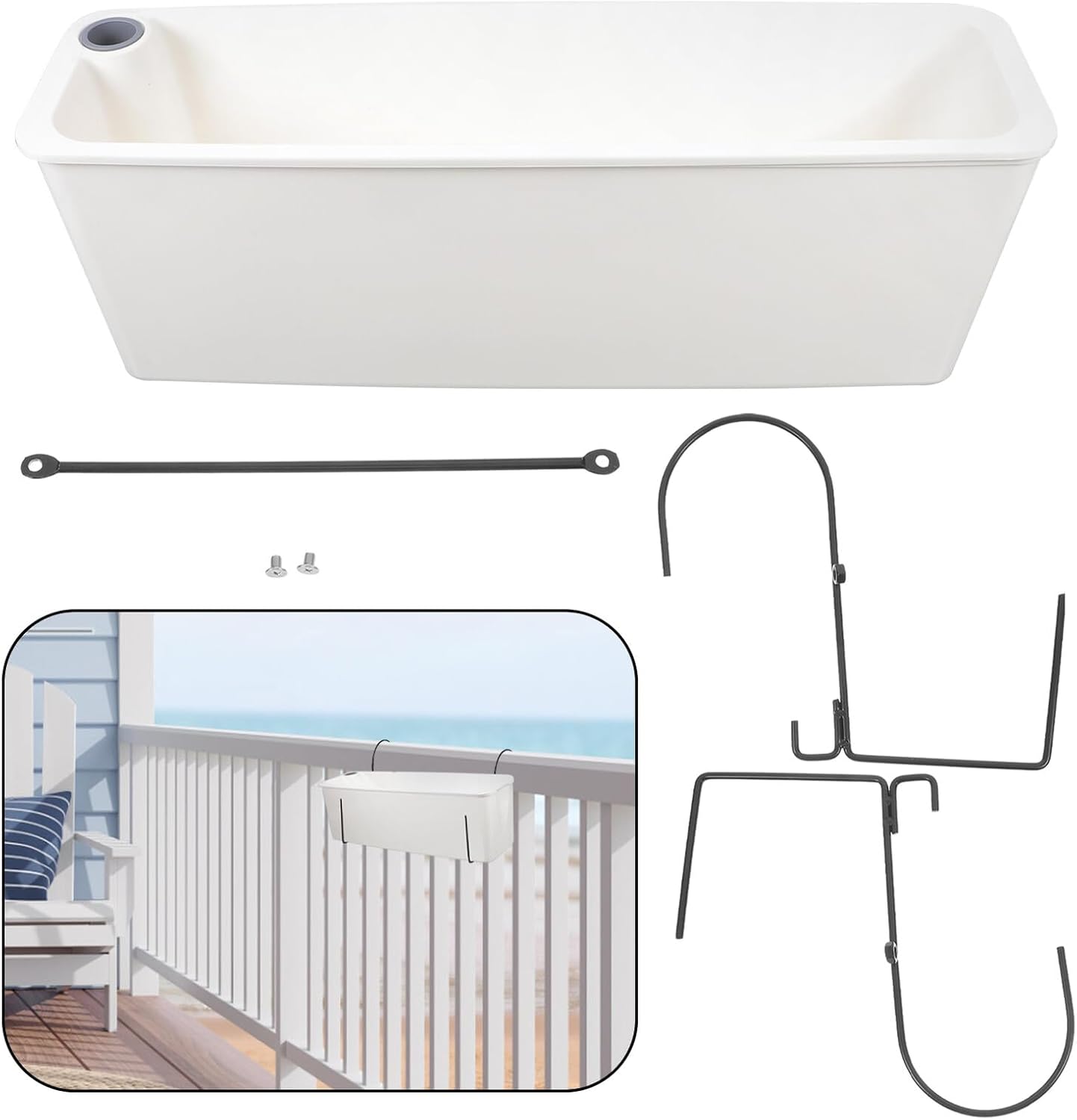 Rectangular Window Planter Box with Bracket and Drainage, Narrow Balcony Vegetable Growing Container, White Plastic Garden Pot for Indoor Outdoor Patio Gardening