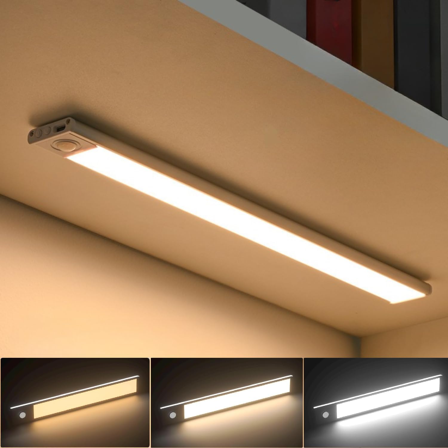 FLYNGO Motion Sensor Under Cabinet LED Light, 3 Color Modes Wireless Rechargeable Closet Light with Stepless Dimming for Under Counter, Kitchen, Cabinet, Wardrobe, Bedroom, Cupboard (30 CM)