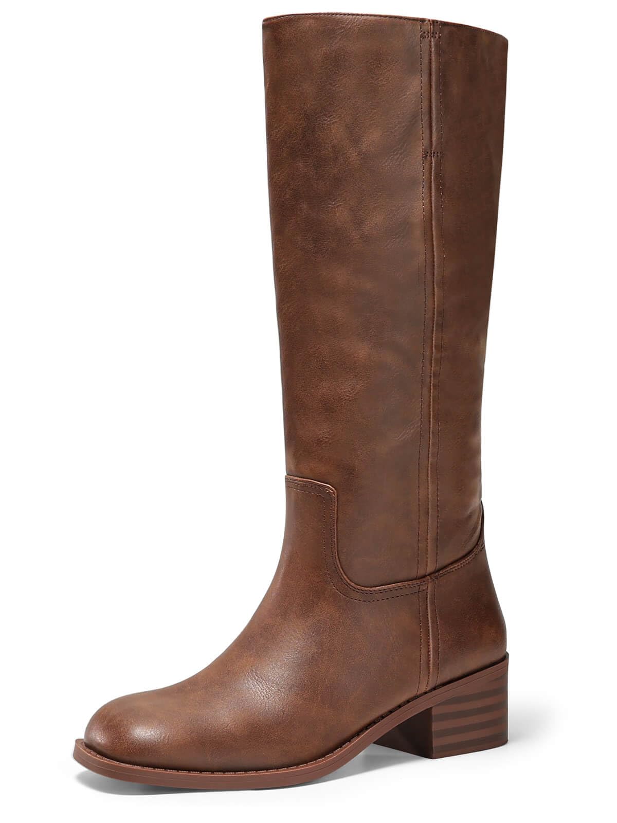 Coutgo Womens Knee High Boots Square Toe Chunky Block Heel Tall Boots Comfortable Low Heel Shoes