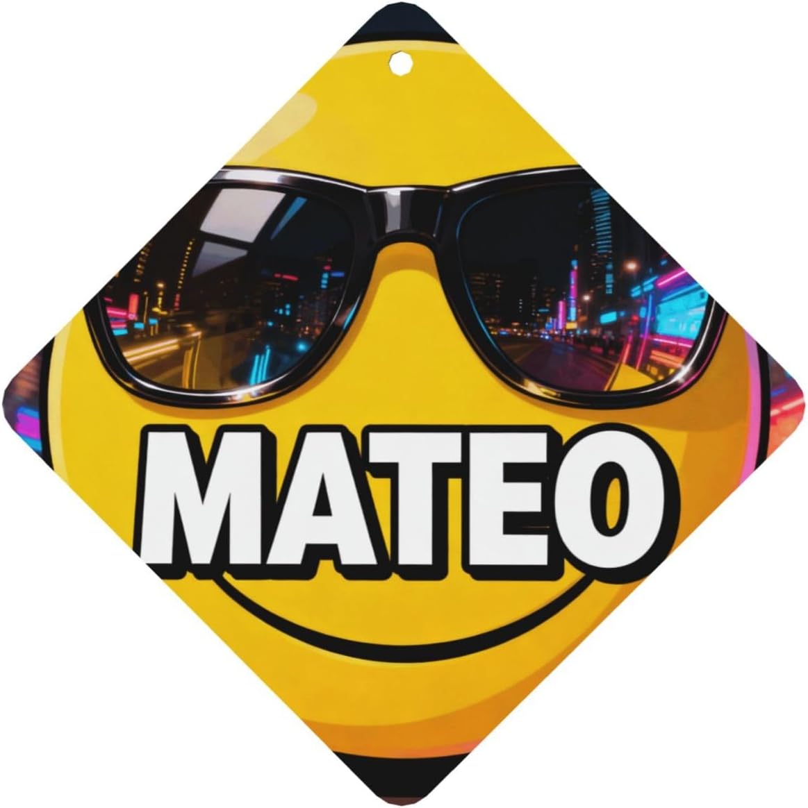 Personalized Car Air Freshener with Name, Custom Cool Emoji with Sunglasses Design, Cyberpunk City Reflection Auto Hanging Ornament, Long Lasting Scent, 1-Pack