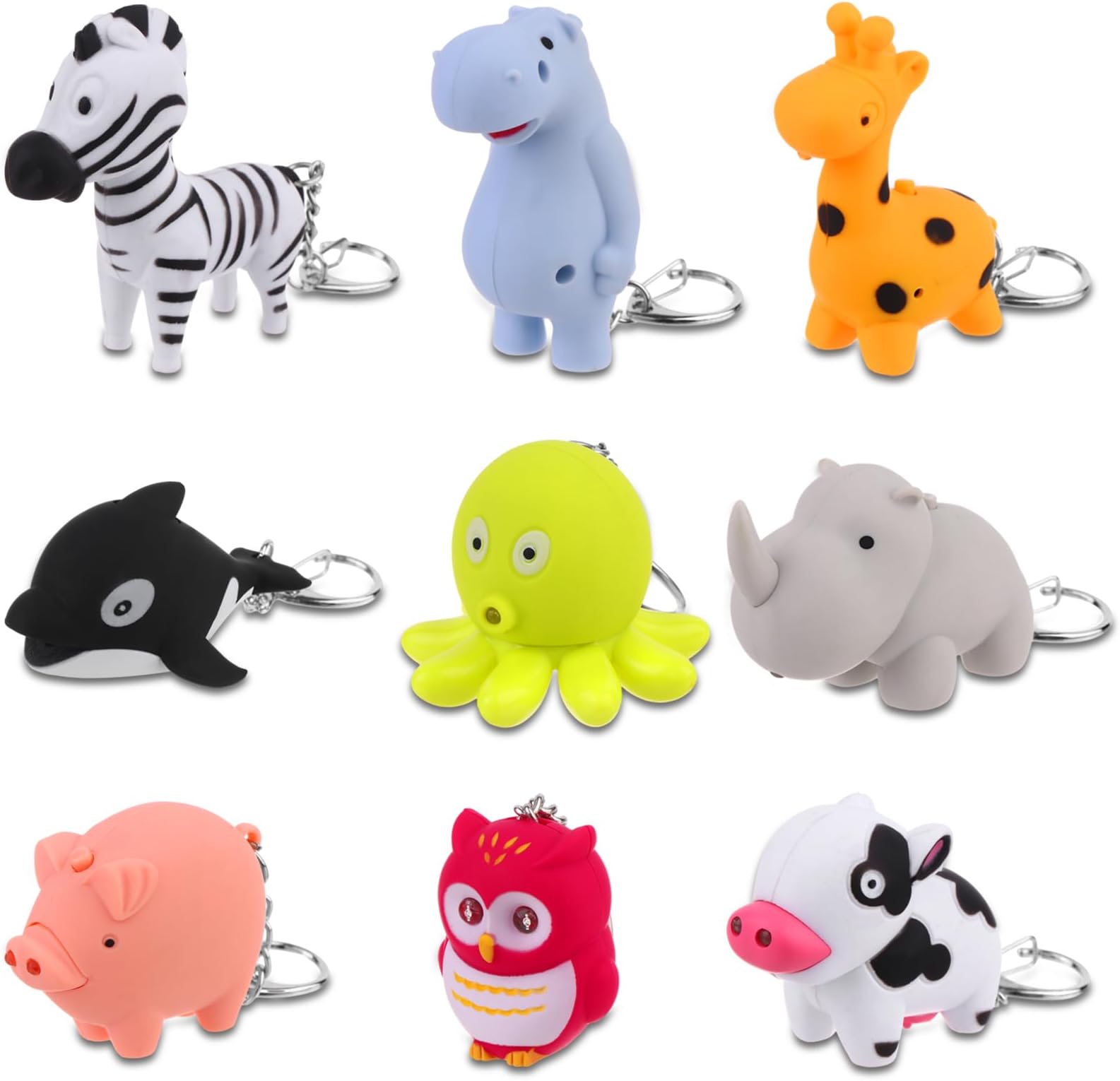 9 PCS Animal Flashlight Keychain - Pediatric Nurse Badge Reel with Cow, Giraffe, Elephant, Octopus, Dolphin, Pig, Hippo, Owl, Zebra Designs