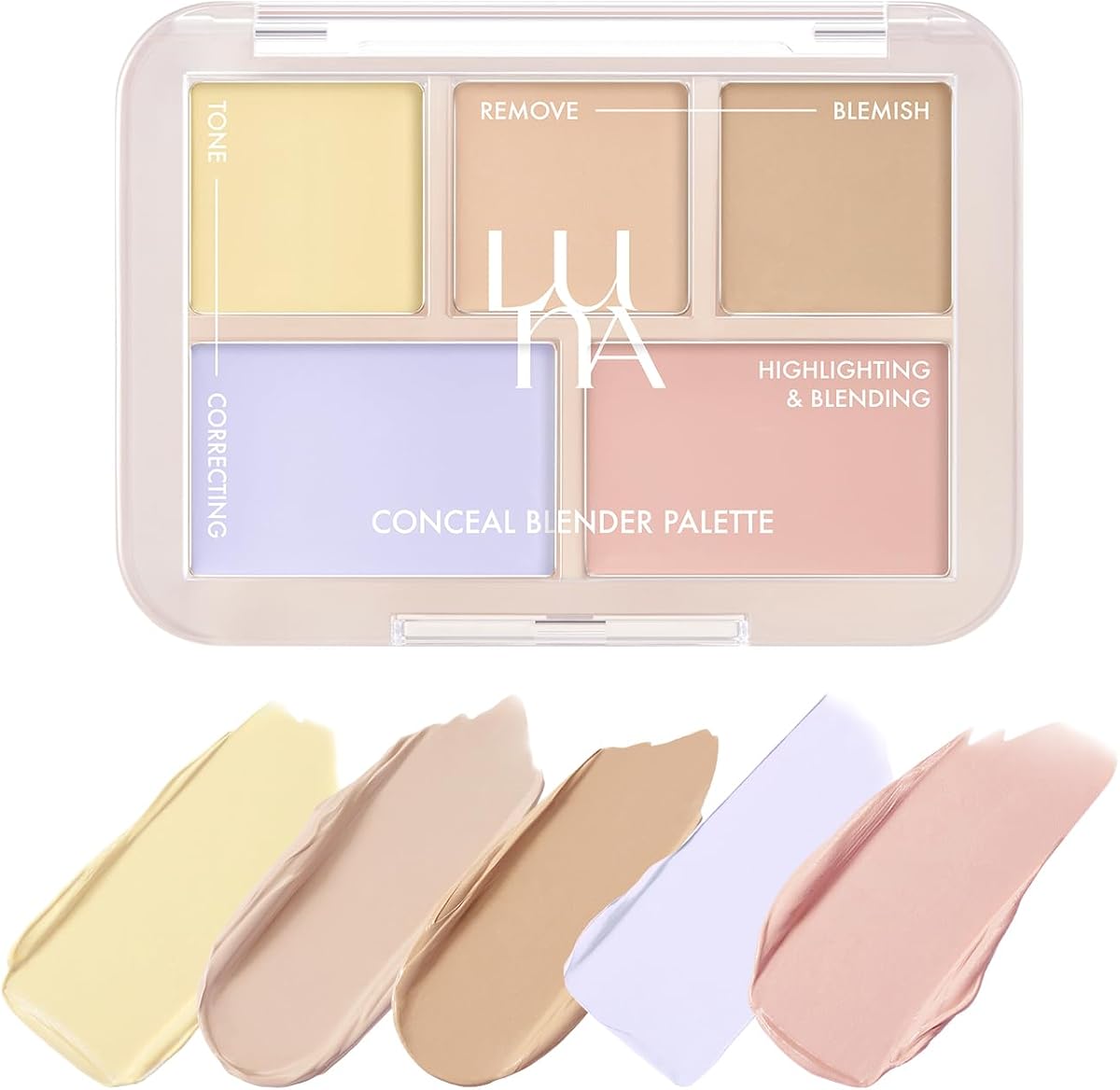 LUNA Conceal Blender Palette 02 Pure Cover 5-in-1 Color Correcting and Concealing with Lemon, Lavender Fog, Porcelain, Natural Beige and Soft Pink, Suitable for Cool and Bright Tones