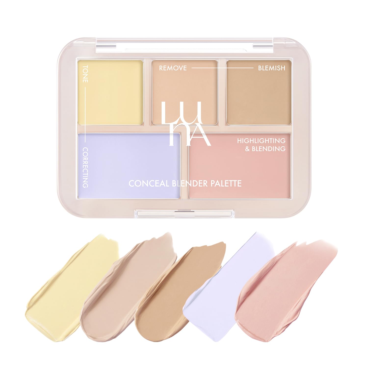 LUNA Conceal Blender Palette 02 Pure Cover 5-in-1 Color Correcting and Concealing with Lemon Lavender Fog Porcelain Natural