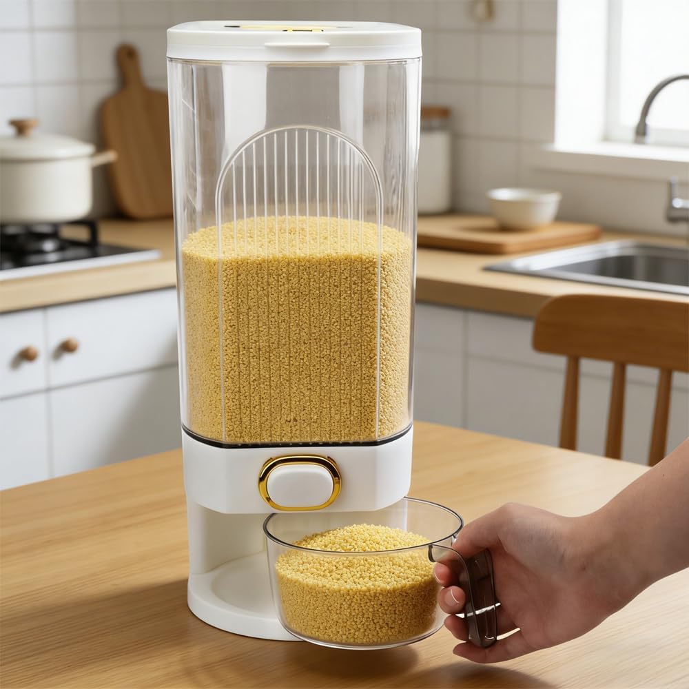 Rice Dispenser 22 Lbs-Large Grain Storage Container With Measuring Cup，Kitchen Organization For Cereal, Oatmeal, Coffee Bean, Pet Food, Pantry Storage & Farmhouse Decor (CLEAR)