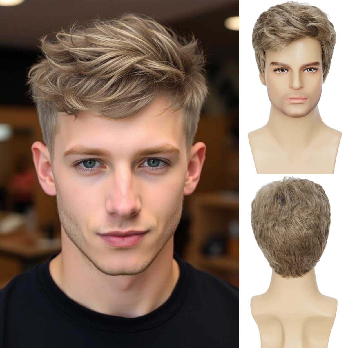 Men's Short Curly Synthetic Wig, Layered Natural-Looking Hair