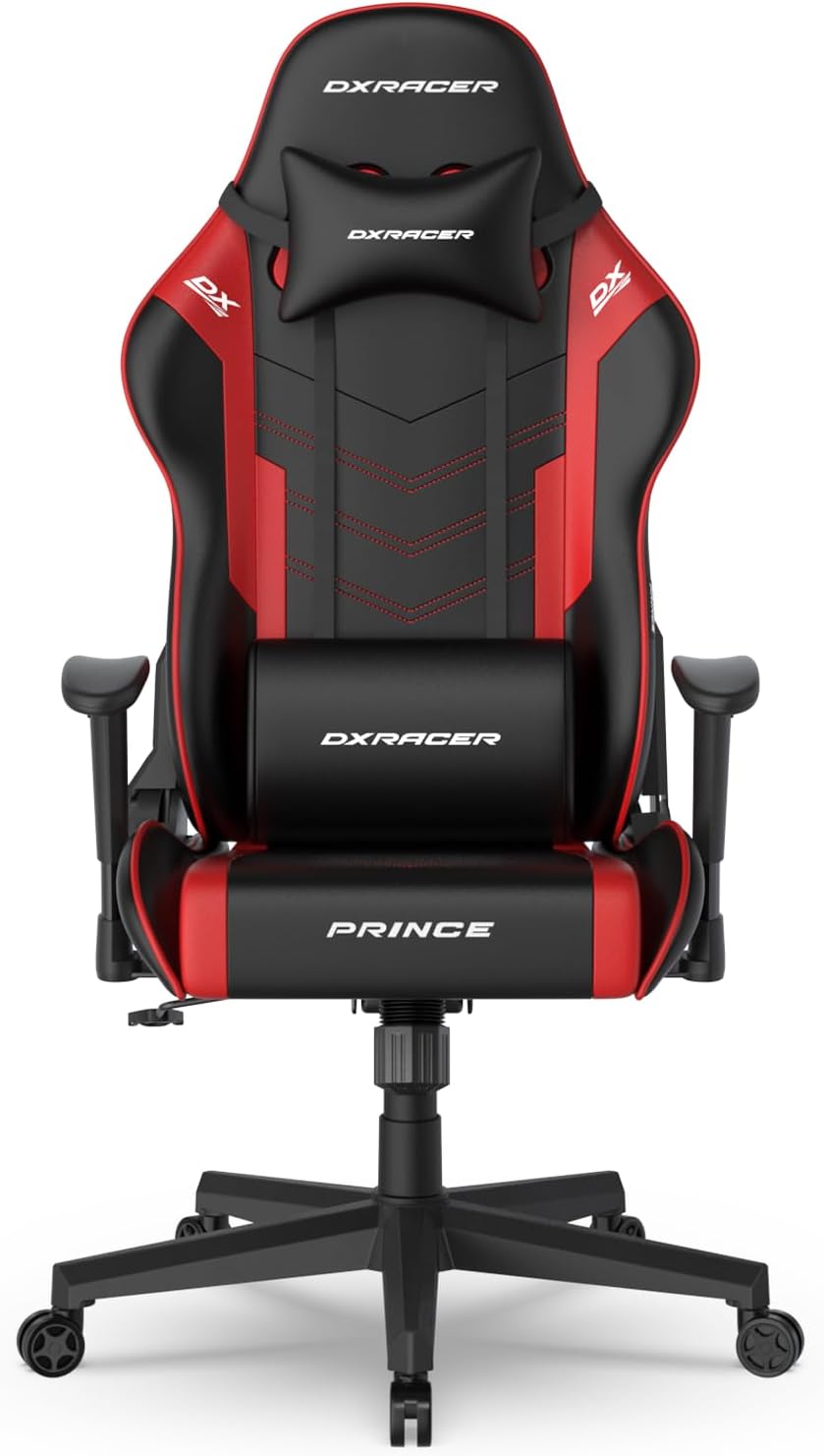 DXRacer Prince Series L Gaming Chair - Reclining, Ergonomic & Comfortable Computer Chair with 2D Armrest, Wing-Shaped Seat Base & Headrest Pillow Faux Leather Black&Red