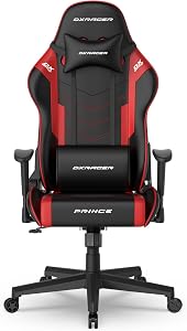 DXRacer Prince Series L Gaming Chair - Reclining, Ergonomic & Comfortable Computer Chair with 2D Armrest, Wing-Shaped Seat Base & Headrest Pillow Faux Leather Black&Red
