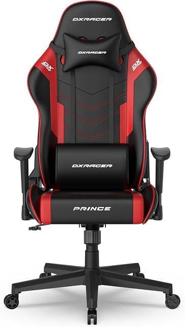 DXRacer Prince Series L Gaming Chair - Reclining, Ergonomic & Comfortable Computer Chair with 2D Armrest, Wing-Shaped Seat Base & Headrest Pillow Faux Leather Black&Red
