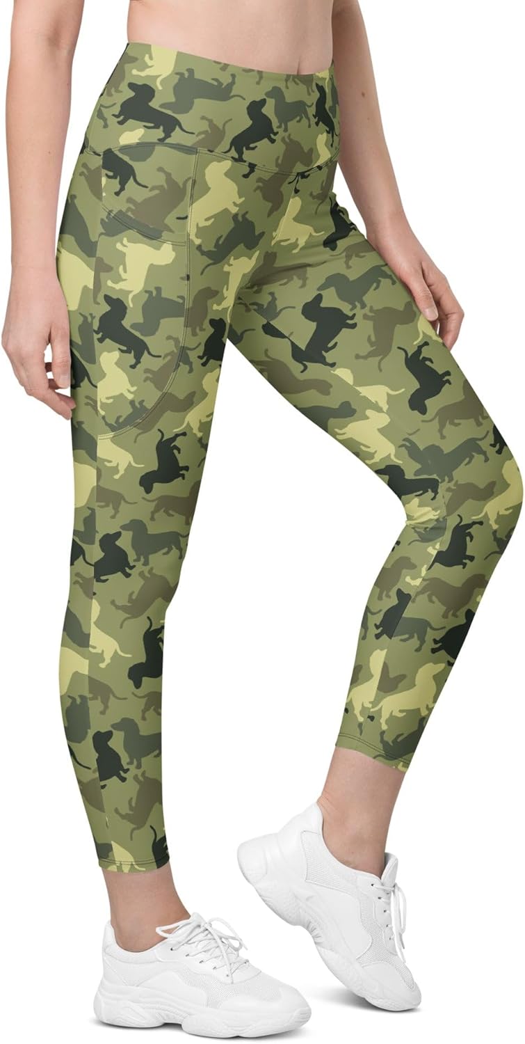 FIERCEPULSE Dachshund Camo Leggings with Pockets – High Waisted Peach-Skin Leggings for Women, Soft 4-Way Stretch, UPF 50+