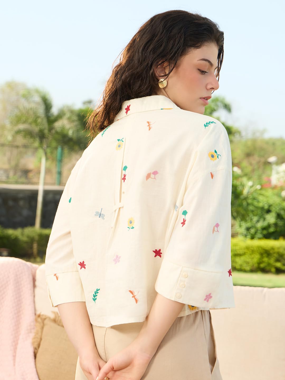 The Souled Store Dragonfly - Camicia da donna e ragazza, maniche a tre quarti, con colletto in cotone ricamato, vestibilità oversize, traspirante, leggera, per abbigliamento casual