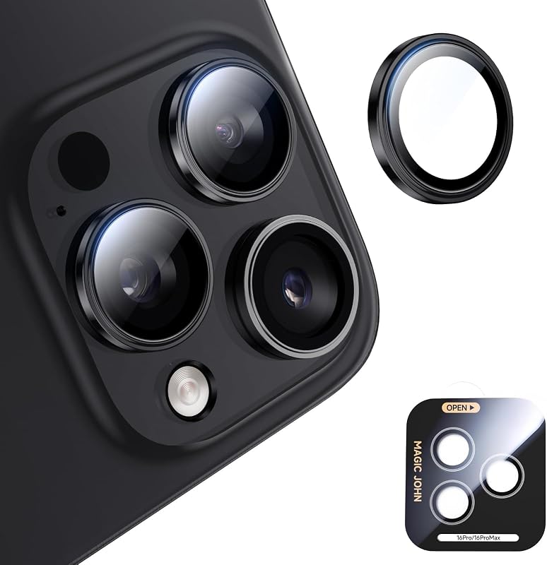 MAGIC JOHN 2 pack for iPhone 16 Pro Max/16 Pro Camera Lens Protector,Black | [Alignment Kit&1:1 Invisible Fit] 9H Aerospace Tempered Glass, Ultra HD, Metal Individual Ring