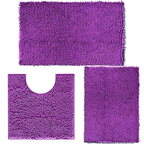 Image of RUN HELIX Purple Bathroom Rugs Sets 3 Piece Non Slip Extra Absorbent Shaggy Chenille Bathroom Rugs and Mats Sets, Soft & Dry Bath Rug /Mat Set for Bathoom Mats