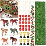 R HORSE Derby Horse Party Centerpiece - 44Pcs Derby Party Decorations for Table with Artificial Grass Table Runner Roses Garland Horseshoe Mini Horses and Trophy for Horse Racing Supplies Table Decor