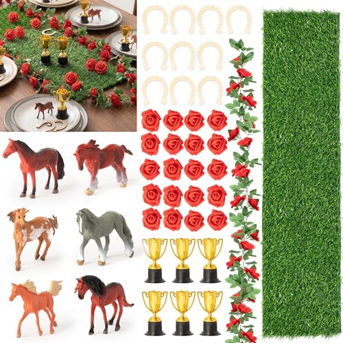 R HORSE Derby Horse Party Centerpiece - 44Pcs Derby Party Decorations for Table with Artificial Grass Table Runner Roses Garland Horseshoe Mini Horses and Trophy for Horse Racing Supplies Table Decor
