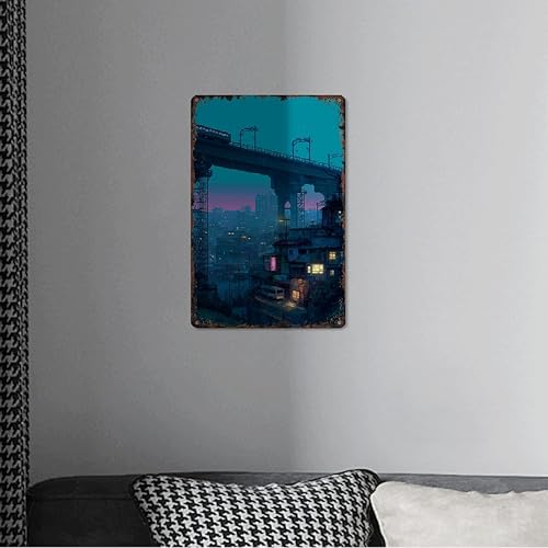 Miniatura 4 de Cartel de metal vintage Cyberpunk Cityscape divertido Vaporwave Night Street Poster Retro Pixel Aluminio 8x12 pulgadas para baño, sala de estar,