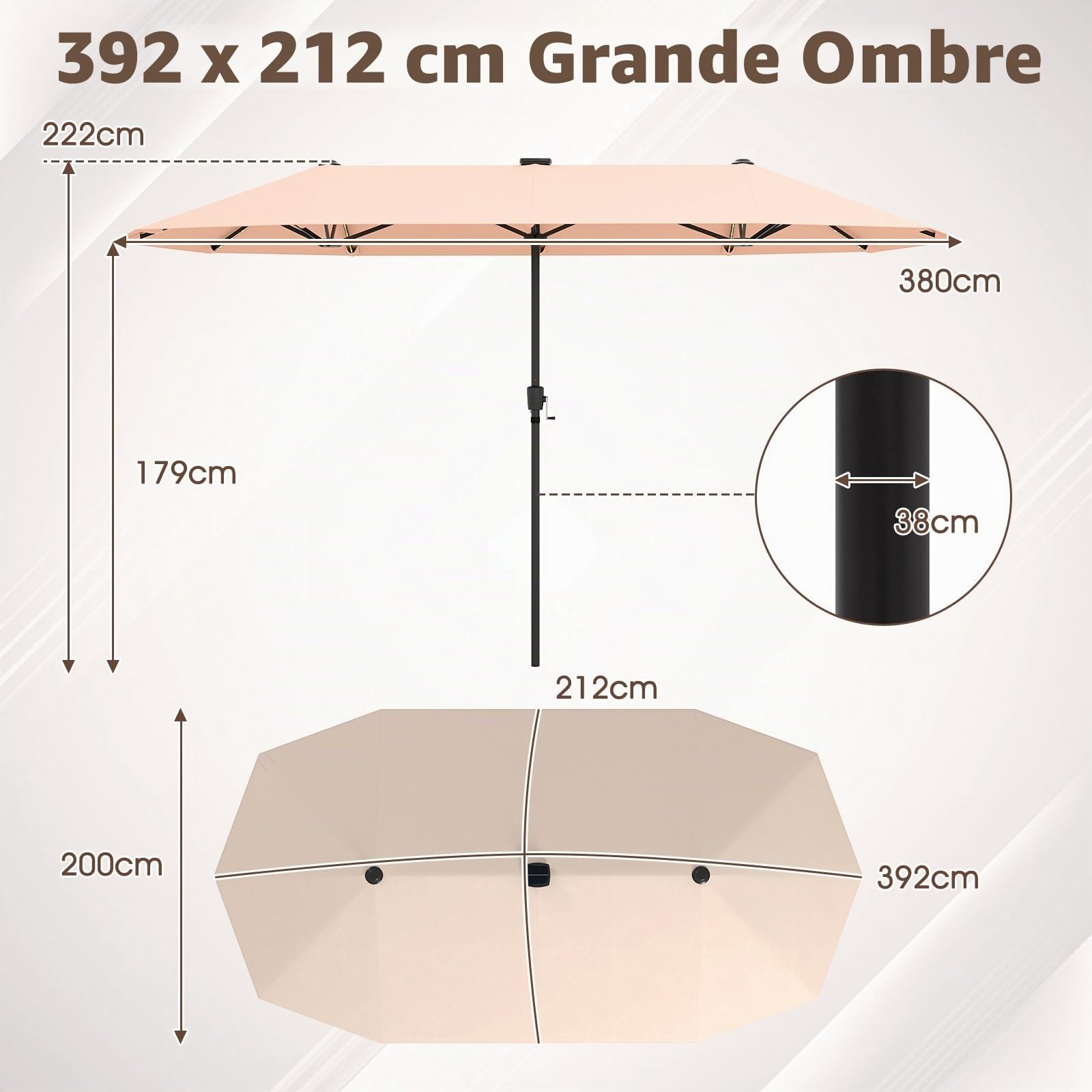 GOPLUS 3,8M Parasol de Jardin Extérieur Double, Grand Parasol Rectangulaire avec LED Coloré, Manivelle, Panneau Solaire, 12 Baleines, pour Terrasses Balcon Cour Marché (Beige)