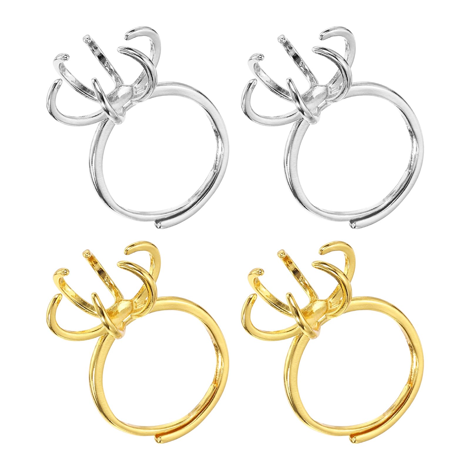 sourcing map 4Pcs Claw Ring Blank, Adjustable Prong Ring Settings 4 Claw Finger Components Findings Gold Plated for DIY Jewelry Making Supplies DIY Crafting, Silver White, 18K Color